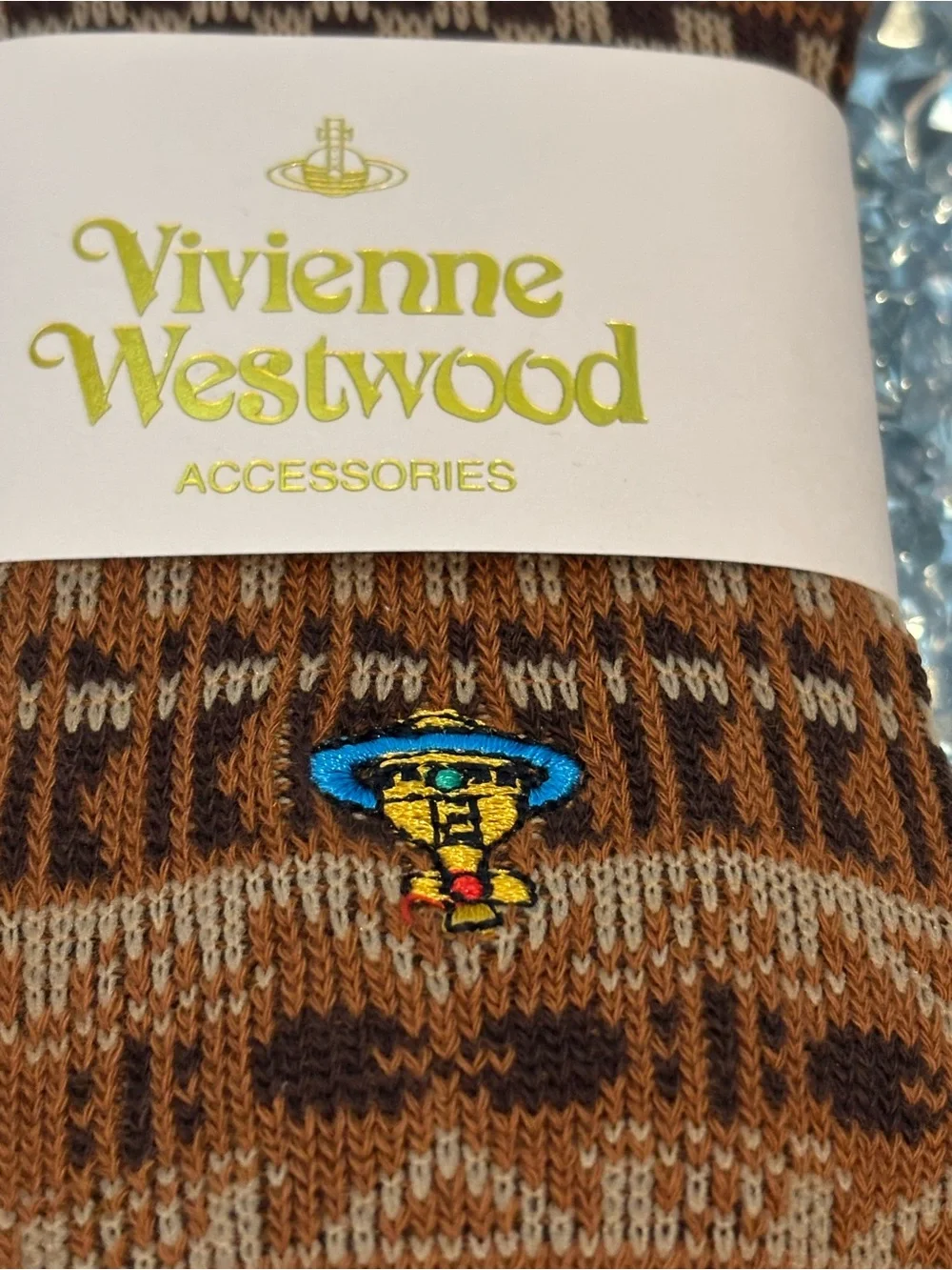 Vivienne Westwood Japan Orb Crew Socks Brown Fair Isle Leopard NWT Rare